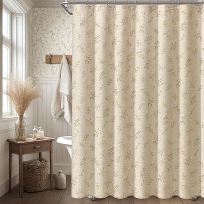 Beige Floral Farmhouse Vintage Linen Shower Curtain French Country 72Wx72H