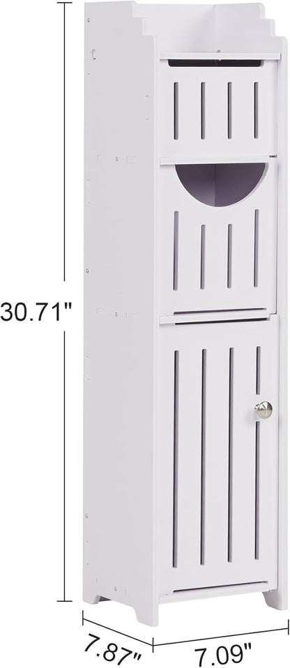 VECELO Bathroom Cabinet, Small Storage Cabinet with Toilet Paper Scroll,Corner Cabinet with Farmhouse Style Door for Bathroom Narrow Corner Space,Pearl White
