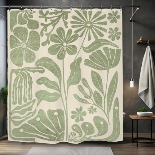Sage Green Matisse Flower Shower Curtain 60Wx72L Inch Abstract Retro Minimalist Vintage 70s Aesthetic Bathroom Set Accessories Decor with 12 Pack Hooks