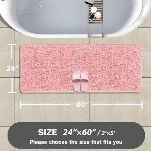 Bathroom Runner Rug 24 x 60 Inch – Extra Large Long Bath Mat | Absorbent and Washable Thick Chenille Bath Rug Non-Slip Runner Rug for Bathroom, Shower, Sink(Pink)