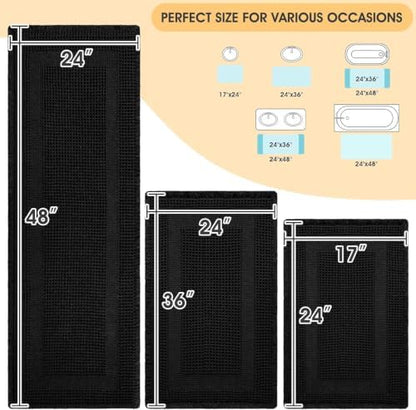 Upgrade Waffle Bath Mat Set 3 Piece, Boho Bathroom Rugs Absorbent Non Slip, Ultra Soft Bathroom Mat, Machine Washable Knit Bath Rugs with Tassels for Bathroom, Bedroom, Kitchen, Shower, Tub, Black