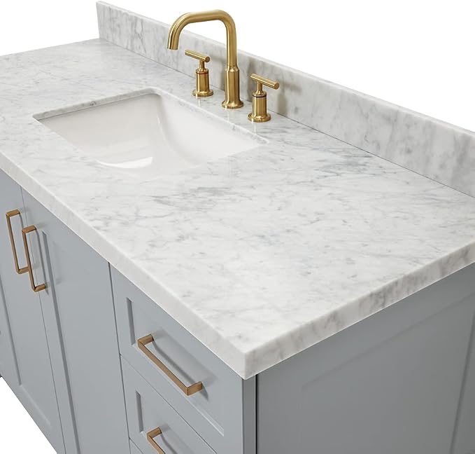 DKB Emilia 54" Grey Bathroom Vanity with Sink, 1.5" Edge Italian Carrara Marble Countertop, Rectangular Undermount Sink, 2 Soft-Closing Doors, 9 Dovetail Drawers, Brushed Nickel
