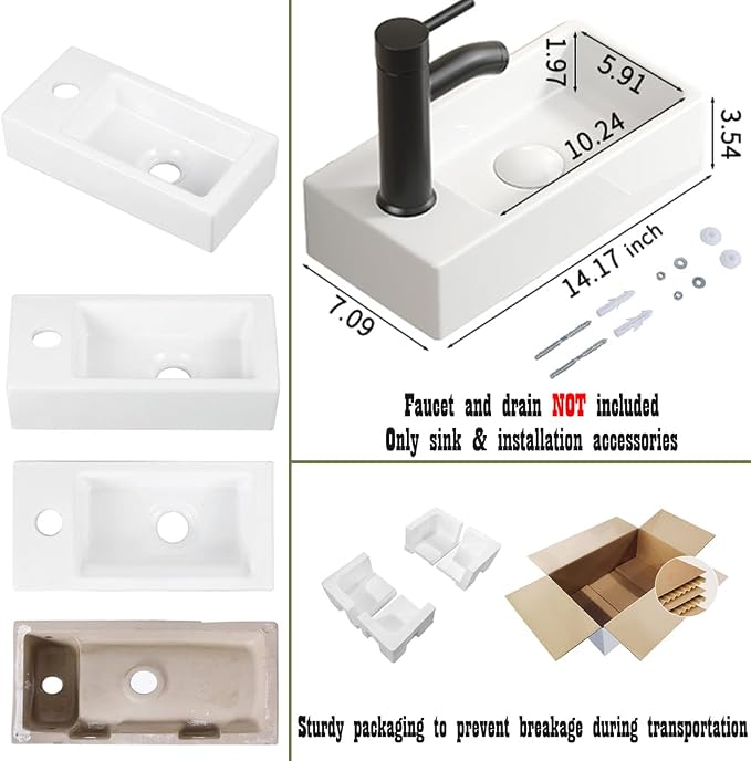 14"x7" Small Bathroom Sink Wall Mount Bathroom Sink Rectangle Ceramic Wash Basin floating Mini Vessel Sink for Bathrooms, Left Hand
