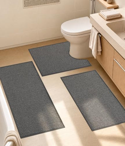 YIHOUSE Dark Grey Bathroom Rugs Sets 3 Pieces,Thin Bath Mat Quick Dry