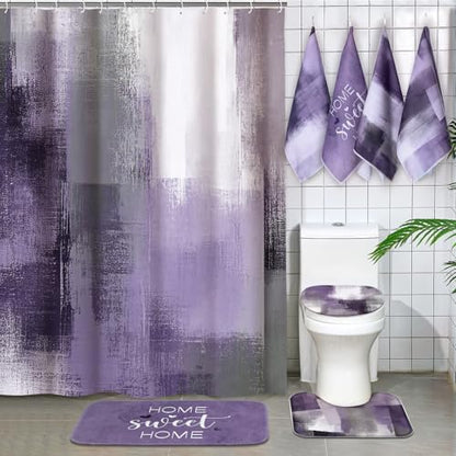 Honoson 8 Pcs Purple Shower Curtain Set, Purple and Grey Bathroom Decor