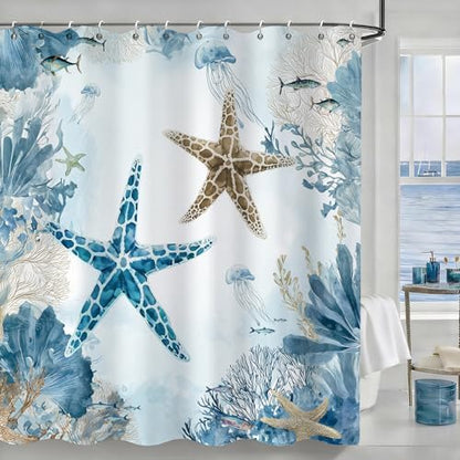 Watercolor Beach Shower Curtain for Bathroom, Ocean Coastal Theme, 72x72 In