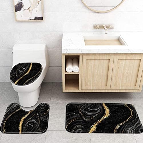 Nkzply 4 Pcs Black Marble Shower Curtain Sets with Rugs Gold Bathroom Set