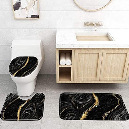 Nkzply 4 Pcs Black Marble Shower Curtain Sets with Rugs Gold Bathroom Set