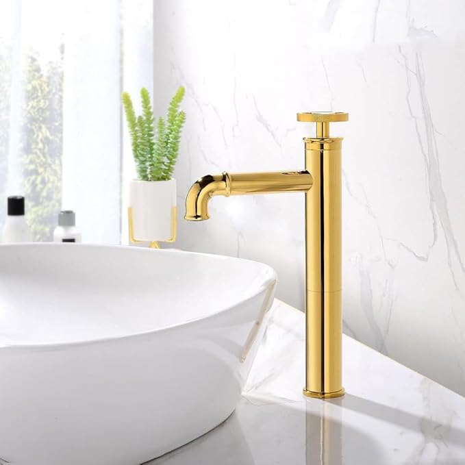 Industrial Bathroom Faucet Brass, Single Hole One Wheel Handle, Tall Deck Mounted Sink Cold and Hot Water Mixer Tap-Bright Gold(Bright Gold)