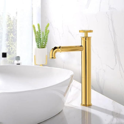Industrial Bathroom Faucet Brass, Single Hole One Wheel Handle, Tall Deck Mounted Sink Cold and Hot Water Mixer Tap-Bright Gold(Bright Gold)