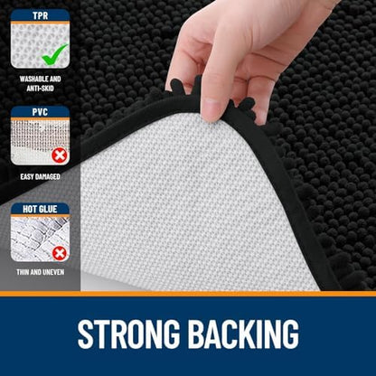 OLANLY Chenille Bathroom Rugs Mats Sets 2 Piece, 36"x24"+30"x20", Black