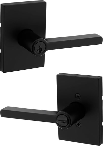 Kwikset Halifax Entry Door Handle with Lock and Key, Secure Keyed Reversible Lever Exterior, for Front Entrance and Bedrooms, Matte Black, Pick Resistant Smartkey Rekey Security and Microban