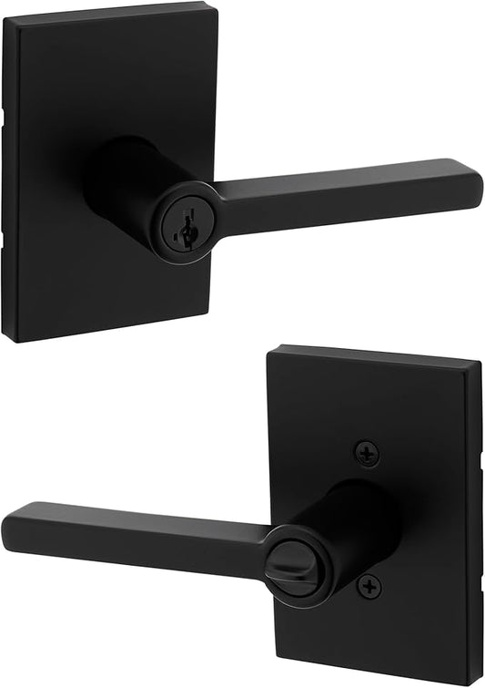 Kwikset Halifax Entry Door Handle with Lock and Key, Secure Keyed Reversible Lever Exterior, for Front Entrance and Bedrooms, Matte Black, Pick Resistant Smartkey Rekey Security and Microban