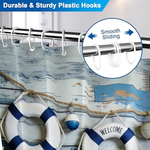 Waterproof Nautical Shower Curtain with Hooks, Deck Swim Ring Fabric Shower Curtains for Bathroom, Metal Grommets & Weighted Hem, Machine Washable Bathroom Shower Curtain Set, 72" W x 72" L