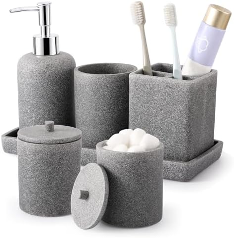 XLHOMO Resin 6 Pcs Gray Bathroom Accessories Set - Countertop Organizer