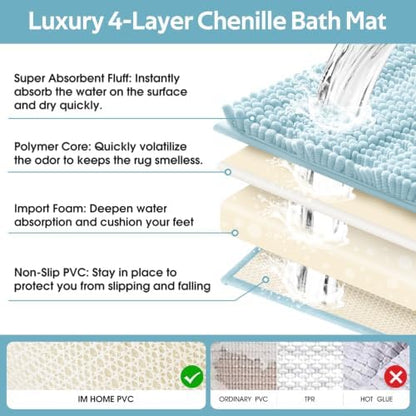 Striped Spa Blue Bathroom Rug Set 3 Pieces Ultra Soft, Non Slip Chenille Bath Carpet, Absorbent Plush Shaggy Bath Mats for Bathroom, Toilet, Bedroom, Kitchen