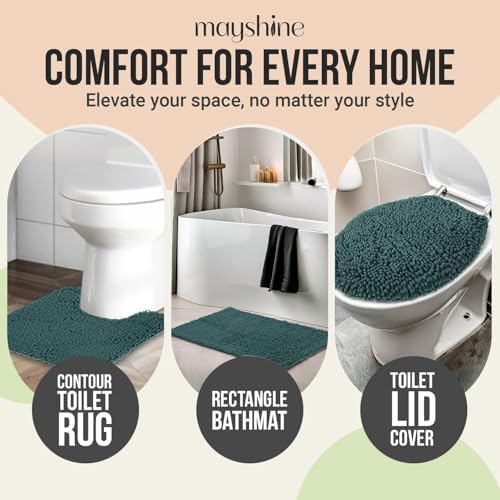 Standard 3pc Set Chenille Bath Mats, Includes 21"x24" U-Shaped Contour Toilet Rug, 21"x34" Inches Bathmat and 1 Toilet Lid Cover, Plush Absorbent Bath Mats Quick Dry, Teal