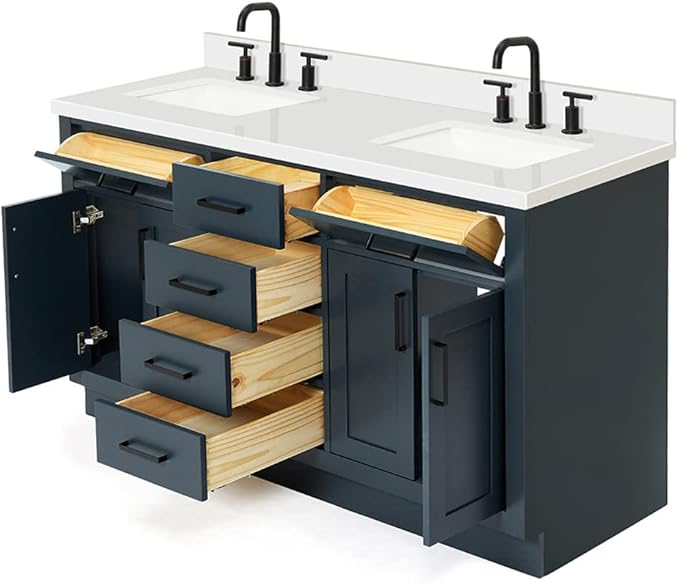DKB Isabella 60" Midnight Blue Double Bathroom Vanity with Sink, 1.5" Pure White Quartz Countertop, Rectangular Undermount Sinks, 4 Soft Closing Doors, 6 Dovetail Drawers