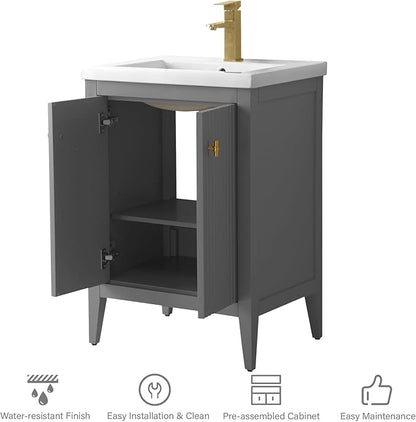 HOMEBEYOND 24" Bathroom Vanity with Ceramic Sink, Solid Wood Free-Standing Vanities Cabinet, Ceramic Top, Golden Brushed Handware & Soft Closing Door, Cashmere Gray