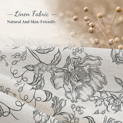 Black Boho Linen Fabric Shower Curtain , Farmhouse Floral For Bathroom