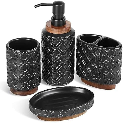 RQYIXI Ceramic Bathroom Accessories Set,Black,4 Piece,Embossed Design
