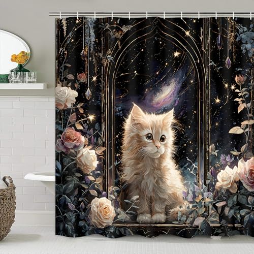 4Pcs Cat Starry Shower Curtain Sets with Non-Slip Rugs, Toilet Lid Cover and Bath Mat, Rose Pet Pattern Home Bathroom Decor Set Accessories Waterproof Shower Curtains with 12 Hooks, 72 x 72 Inch