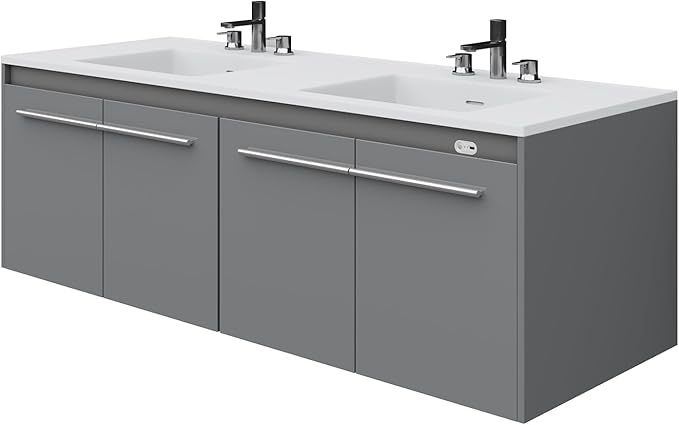 60-Inch Double Sink Floating Vanity with Human Sensor LED, High Gloss Wall Mounted Bathroom Vanity with Sink, Modern Bath Sink Vanity Cabinet with Metal Handles, Gray