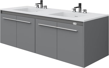 60-Inch Double Sink Floating Vanity with Human Sensor LED, High Gloss Wall Mounted Bathroom Vanity with Sink, Modern Bath Sink Vanity Cabinet with Metal Handles, Gray