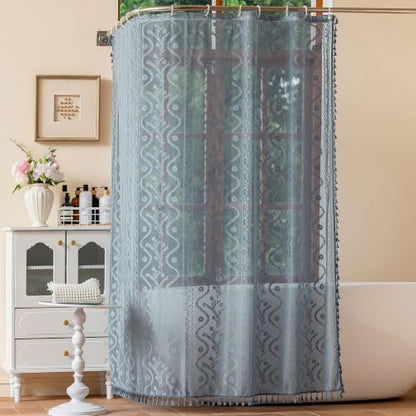 WAZZIO Slate Blue Lace Shower Curtain for Bathroom 72" W x 72" L, Victorian Farmhouse Floral Pattern Tassel Fancy Shower Curtain Boho Washable Cloth Decorative Bath Curtains,1 Panel