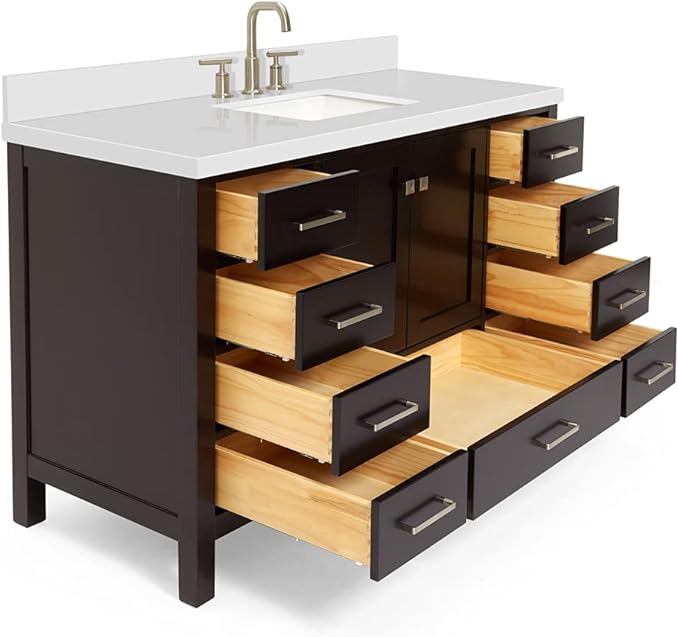ARIEL Cambridge 54-inch Bathroom Vanity with Sink,Solid Wood, 1.5-inch Pure White Quartz Countertop, Single Rectangular Porcelain Sink, 2 Soft Closing Doors, 9 Dovetail Drawers, Espresso