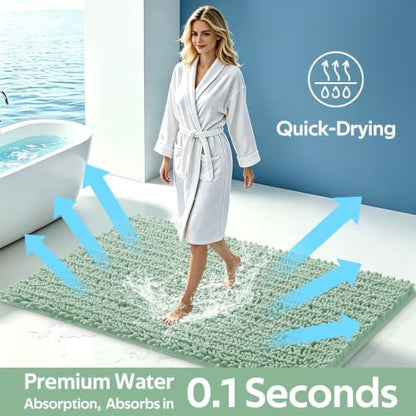 ACCUMTEK Upgrade Luxury 2 Piece Sage Green Toilet Bathroom Rug Mat 32"x20"+24"x17", Ultra Soft Thick Absorbent Bath Mats, Non Slip Chenille Toilet Mat for Bathroom, Bedroom, Kitchen, Shower, Tub