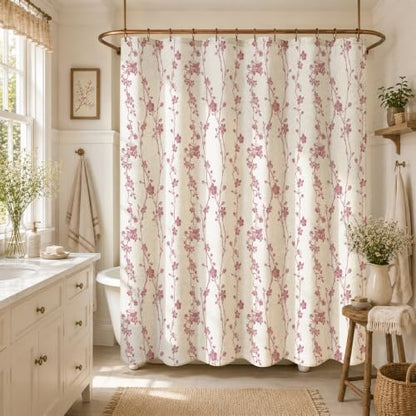 Gibelle Pink Farmhouse Linen Shower Curtain, Boho Floral Fabric, 72 x 84