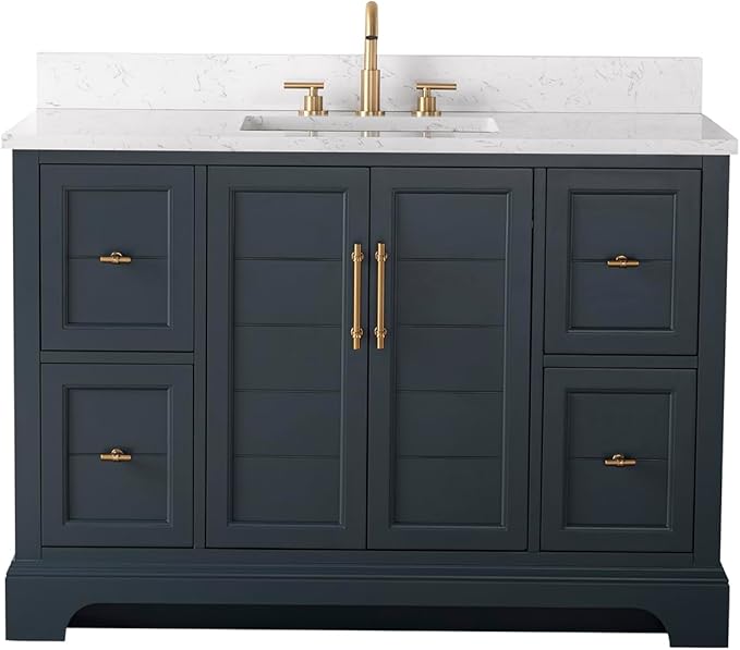 HOMEBEYOND 48 Inch Bathroom Vanity with Single Sink & Ceramic Top, Vanity Cabinet with Center Countertop Basin, Soft-Closing Doors, Backsplash, Vintage Spruce Blue