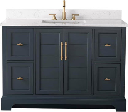 HOMEBEYOND 48 Inch Bathroom Vanity with Single Sink & Ceramic Top, Vanity Cabinet with Center Countertop Basin, Soft-Closing Doors, Backsplash, Vintage Spruce Blue