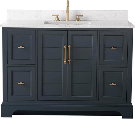 HOMEBEYOND 48 Inch Bathroom Vanity with Single Sink & Ceramic Top, Vanity Cabinet with Center Countertop Basin, Soft-Closing Doors, Backsplash, Vintage Spruce Blue