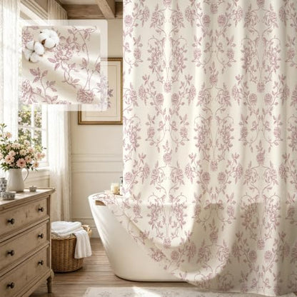 MitoVilla Vintage Farmhouse Pink Floral Poly-Cotton Shower Curtain, 72x72