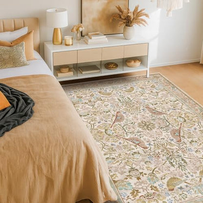 Washable Area Rug 4x6 for Living Room - Boho Western Nature Rugs for Bedroom, Kitchen, Office, Large Entryway, Rustic Botanical Decor, Non-Slip Low Pile Beige Ultra Soft Bird Carpet