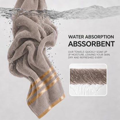 6-PCS Coral Fleece Microfiber Towel Set with Gold Stripes, Super Absorbent, Multiple Colors Available for Home, Bathroom, Hotel & Gym (6, Coffee Color)