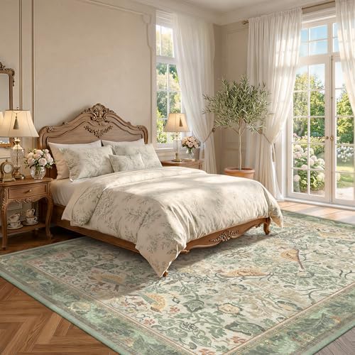 Boho Dining Room Rugs for Under Table 9x12 - Plant & Bird Patterned Rugs for Living Room, Bedroom Under Bed, Traditional Victorian Sage Green Décor, Washable Non Slip Folable Lightweight Carpet