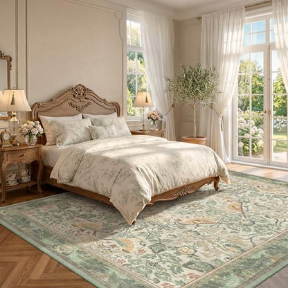 Boho Dining Room Rugs for Under Table 9x12 - Plant & Bird Patterned Rugs for Living Room, Bedroom Under Bed, Traditional Victorian Sage Green Décor, Washable Non Slip Folable Lightweight Carpet