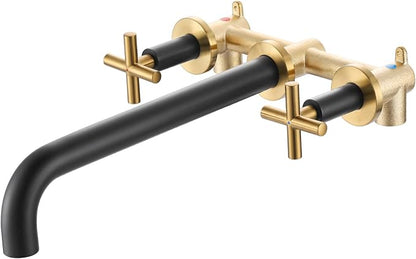 ARCORA Wall Mount Tub Filler: Black and Gold Bathtub Faucet Long Spout Reach 2 Cross Handles Tub Faucet with Brass Rough in Valve Included