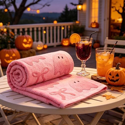 2 Pack Halloween Hand Towels 100% Cotton Jacquard Ghost Halloween Kitchen Towels White Bathroom Towels Set Seasonal Bathroom Decor (Bow and Ghost, Halloween)