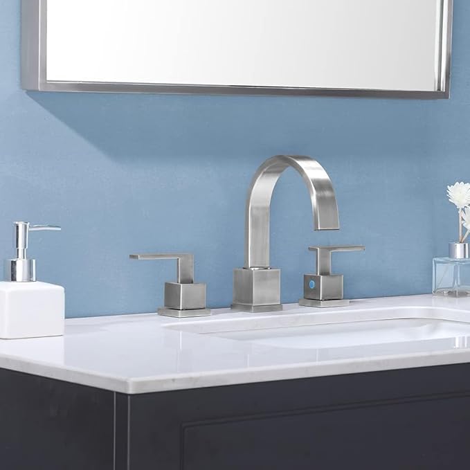KINGO HOME 3 Hole Widespread Brushed Nickel Bathroom Faucet,Modern Waterfall 8 inch 2 Handle Bathroom Sink Faucet Vanity Bathroom Faucet for Sink 3 Hole with Pop Up Drain and Water Supply Lines