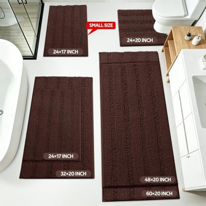 ACCUMTEK Striped Brown Bathroom Rug Mat Set 2 piece 32"x20"+24"x17" Ultra Soft, Non Slip Chenille Bath Rugs, Absorbent Plush Shaggy Bath Mats for Bathroom, Bedroom, Kitchen, Shower, Tub