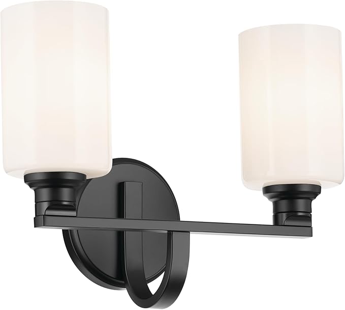 Kichler Gioe 14.25" 2-Light Vanity Light with Opal Glass in Black, Damp Rated, for Bathroom, Powder Room, Over a Mirror, (14.25" W x 10.5" H), 55225BK
