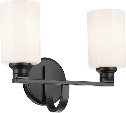 Kichler Gioe 14.25" 2-Light Vanity Light with Opal Glass in Black, Damp Rated, for Bathroom, Powder Room, Over a Mirror, (14.25" W x 10.5" H), 55225BK