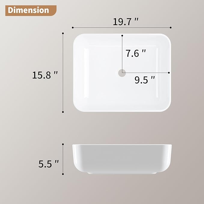 19.7"X15.7" Vessel Sink Rectangular Above Counter White Porcelain Ceramic Modern Bathroom Vanity Sink Rectangle Art Basin