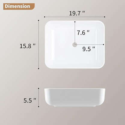 19.7"X15.7" Vessel Sink Rectangular Above Counter White Porcelain Ceramic Modern Bathroom Vanity Sink Rectangle Art Basin