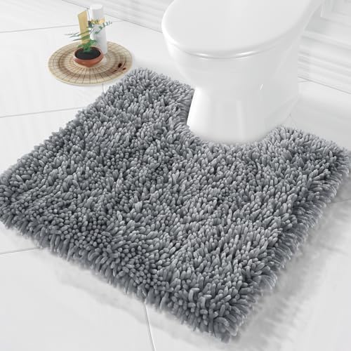 Yimobra Toilet Rugs U Shaped Washable, Extra Thick Soft Absorbent Chenille Contour Bathroom Rugs for Toilet 24x24 Inch, Quick Dry Non Slip Toilet Mat for Bath Floor, Silver