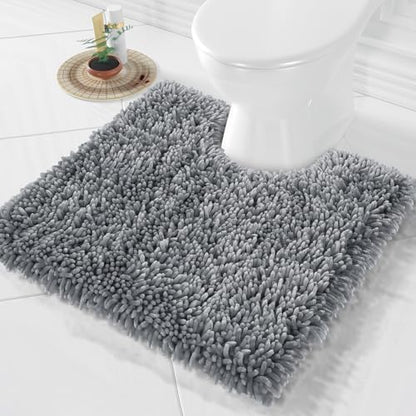 Yimobra Toilet Rugs U Shaped Washable, Extra Thick Soft Absorbent Chenille Contour Bathroom Rugs for Toilet 24x24 Inch, Quick Dry Non Slip Toilet Mat for Bath Floor, Silver